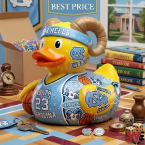 A yellow North Carolina Tar Heels duck wearing a number 23 jersey and ram horns.