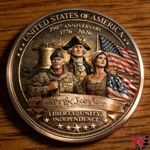 Close up of a US 250th anniversary commemorative coin showing George Washington patriotic figures the American flag and the words Liberty Unity Independence!