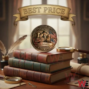 Commemorative coin displayed on stacked vintage books with a magnifying glass and a Best Price banner above!