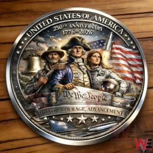 Commemorative American coin with patriotic figures flag rocket and We the People text!