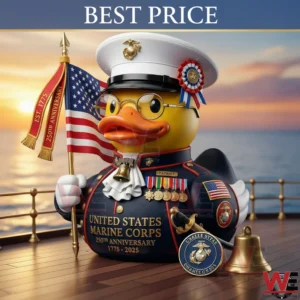 Marine uniform rubber duck on a deck by the sea holding an american flag!