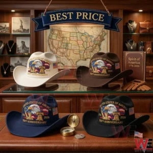 Four cowboy hats in different colors with bald eagle embroidery! The hats are on a leather table with a compass a coin and a book! A map and a large banner are in the background!