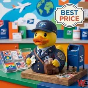 Collectible mail carrier rubber duck displayed with a miniature mailbox and postage stamps in a post office setting.
