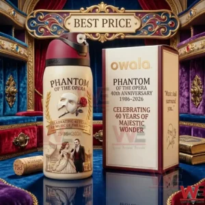 An Owala water bottle with Phantom of the Opera 40th anniversary designs and its retail packaging!