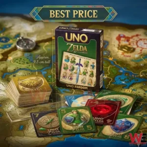 An anniversary edition Zelda UNO game with cards fanned out on a vintage Hyrule map background!