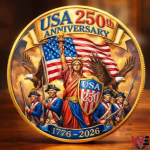 Patriotic anniversary coin with Statue of Liberty American flag eagles and soldiers!