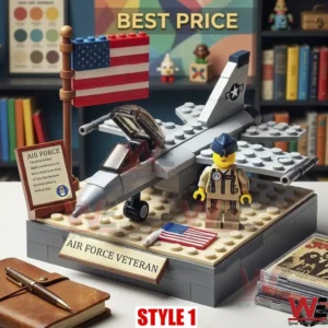 Air Force building block fighter jet set with a pilot figure and patriotic display.