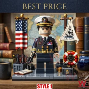 US Navy building block figure in formal naval uniform with maritime flags and accessories.