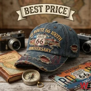 A blue denim Route 66 anniversary cap with gold embroidery and distressed details on a wooden table with vintage cameras!