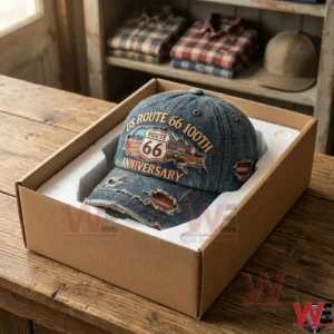 US Route 66 Centennial Cap 3 An open cardboard box containing a distressed denim Route 66 cap secured in a white foam packaging mold!