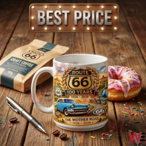 Commemorative Route 66 centennial mug with vintage car artwork and a donut on a wooden tabletop!
