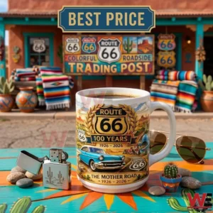 Route 66 centennial mug at a desert roadside stop with colorful southwestern decor!