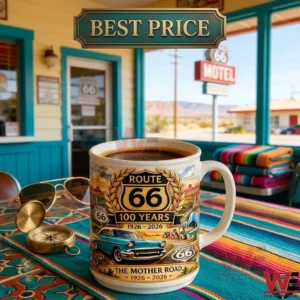 Nostalgic diner setting featuring a Route 66 anniversary mug and a desert view!