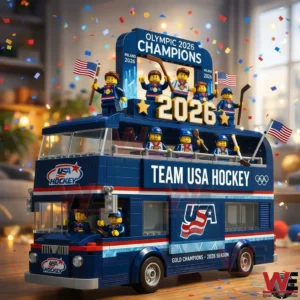 Brick built Team USA Hockey double decker parade bus with Olympic 2026 champions sign and confetti!