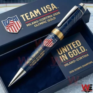 Navy Team USA Milano Cortina 2026 themed pen in a matching gift box on an ice rink surface!