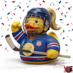 Rubber duck in USA ice hockey uniform wearing helmet and gold medal with confetti!