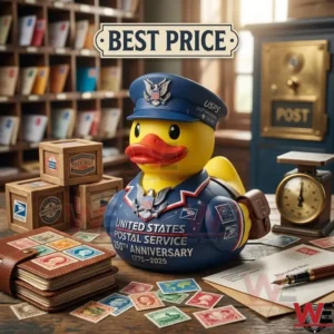 A yellow USPS anniversary rubber duck wearing a mail carrier uniform and hat on a desk with stamps and letters!