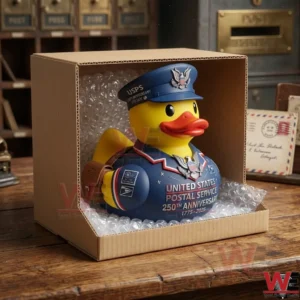 A postal themed rubber duck inside a cardboard shipping box with bubble wrap on a rustic wooden desk!