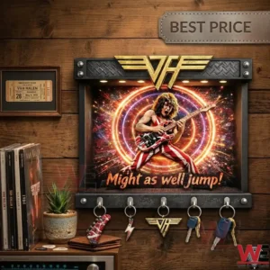 An illuminated Van Halen wall key holder with guitar themed keychains on a wooden wall!