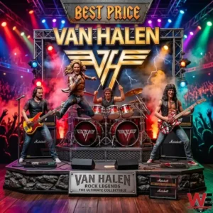 A miniature concert stage with the four members of Van Halen performing in front of a giant logo and stage lights!