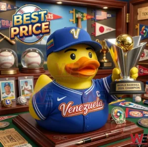 A detailed photograph of a Venezuela baseball themed rubber duck holding a championship trophy surrounded by sports collectibles.
