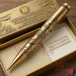 Detailed military commemoration pen with 3D engravings resting in a premium presentation box with a tribute card!