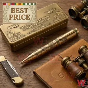 Engraved brass military tribute pen with helicopter designs placed on a wooden table with veteran memorabilia!