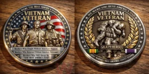 Two sided Vietnam Veteran coin showing soldiers with a flag and a rescue scene with laurel branches!