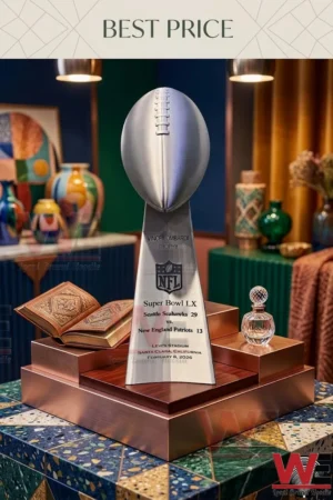 A silver Super Bowl LX Vince Lombardi Trophy replica on a copper base next to an antique book!