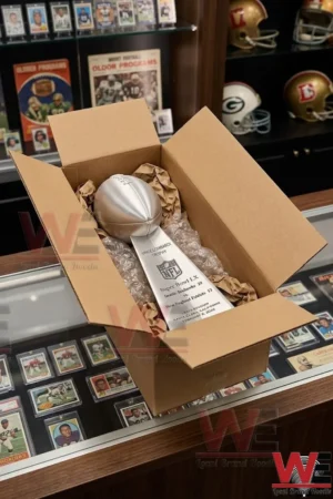 An open cardboard box containing a silver Super Bowl trophy secured with bubble wrap and paper!
