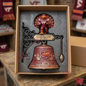 Virginia Tech Hokies Gridiron Tradition Wall Bell 3 An open shipping box containing a Virginia Tech wall bell and mascot figure secured in a dark foam mold!