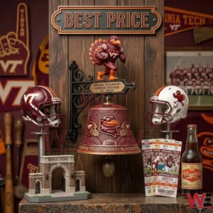 Virginia Tech Hokies Gridiron Tradition Wall Bell 3 Virginia Tech Hokies wall bell displayed with helmets and memorabilia!