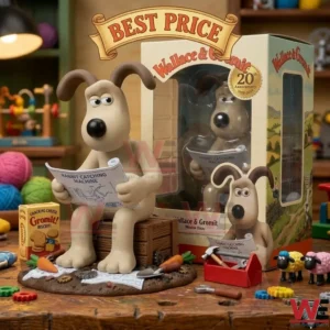 Gromit collectible figure reading a blueprint next to a 20th Anniversary box in a workshop setting with tools and sheep!