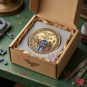 Warhammer 40000 40 Years of Grim Darkness Coin 5 An open cardboard box containing a golden Warhammer 40000 anniversary coin in a protective foam insert!
