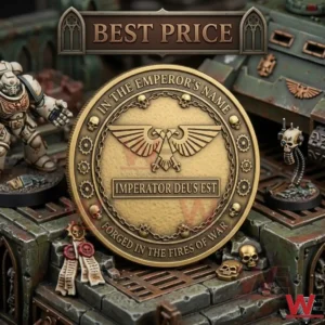 Warhammer 40000 40 Years of Grim Darkness Coin 6 The reverse side of a golden Warhammer coin showing the Imperial Aquila and gothic text on a miniature battlefield!