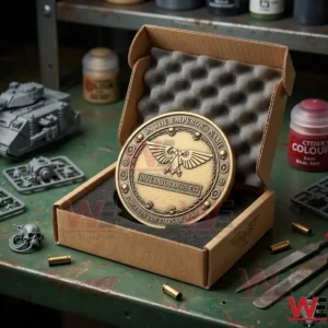 Warhammer 40000 40 Years of Grim Darkness Coin 7 An open gift box showing the back of a golden Warhammer coin with protective foam and model building tools!