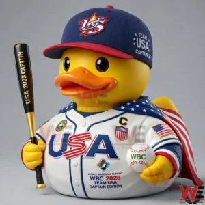 Rubber duck in Team USA baseball uniform holding a bat and a WBC baseball!