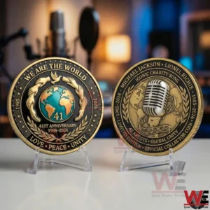 Two sides of a We Are the World anniversary commemorative coin on display stands!