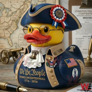 Patriotic rubber duck in tricorn hat and colonial style uniform with 1776 2026 badge!
