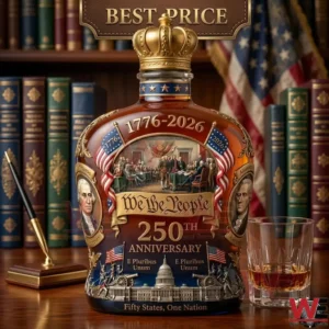 A commemorative 250th anniversary US bottle with a gold crown cap and historical illustrations on a library desk!