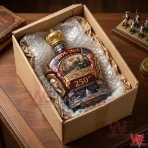 We the People 250th Anniversary Crown Royal Bottle 3 An open cardboard box containing a decorative American anniversary bottle protected by bubble wrap and packing paper!