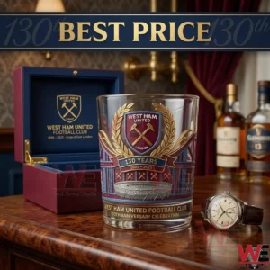 A commemorative West Ham United 130th anniversary glass tumbler and gift box on a wooden table!