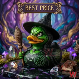 Green witch rubber duck in a magical forest with crystals and a miniature book.