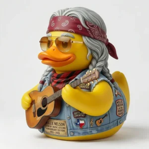 Yellow country music duck figure with gray braids sunglasses denim vest and small guitar!