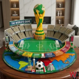 World Cup 96th Anniversary commemorative building block set 3 Intricate soccer stadium building set with trophy and map on a wooden table.