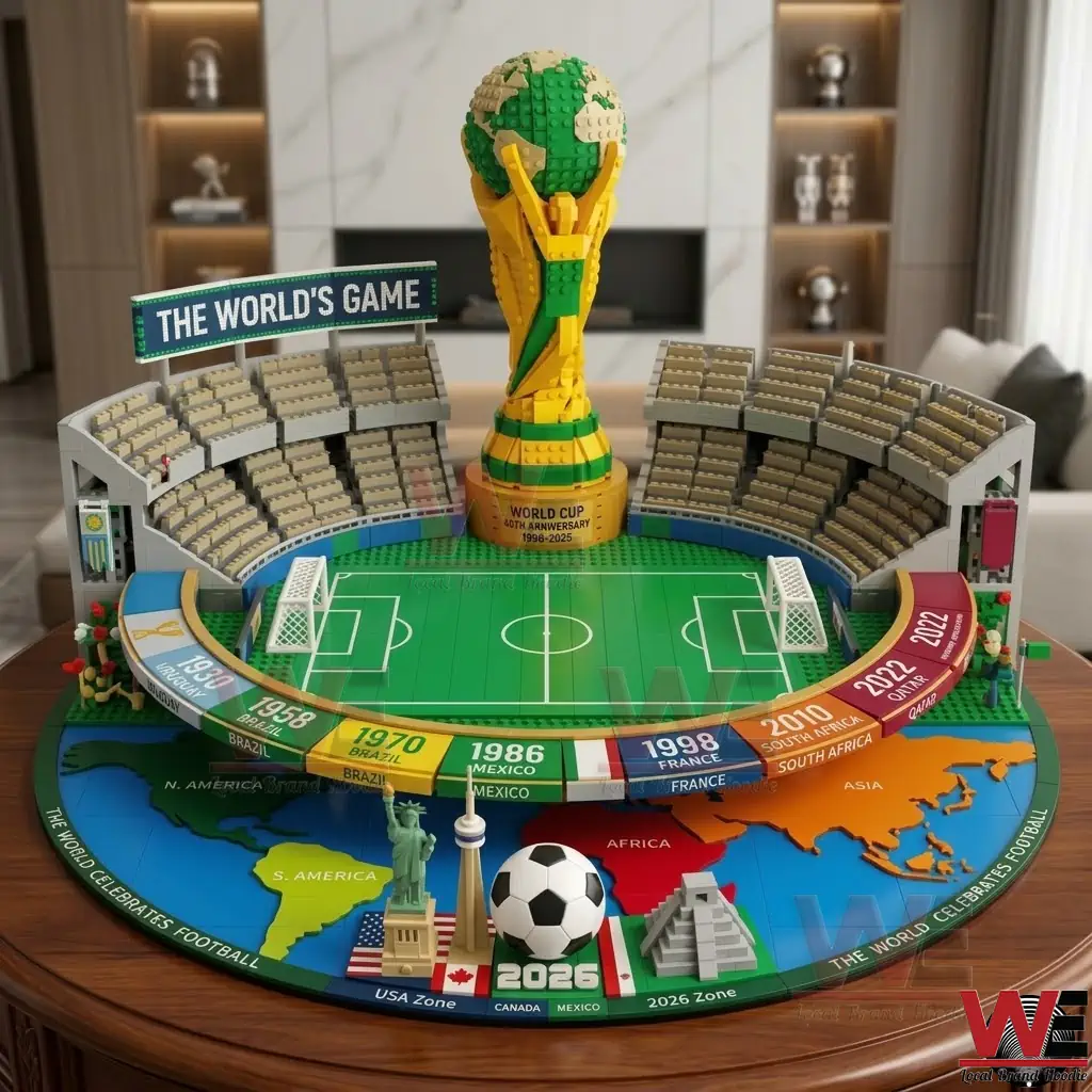 World Cup 96th Anniversary commemorative building block set 2 Intricate soccer stadium building set with trophy and map on a wooden table.