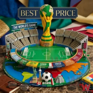Building block set of a soccer stadium with a giant trophy and world map timeline.