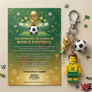 World Football 96th Anniversary commemorative keychain 3 Commemorative soccer keychain and anniversary flyer on a neutral background.