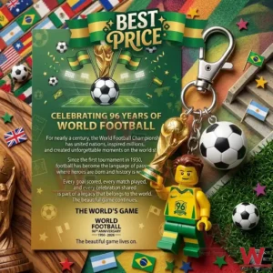 World football anniversary flyer and themed keychain with trophy and player charms.