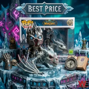 Vinyl collectable of Lich Arthas on a frost dragon with game inspired accessories on a frozen platform!